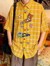 Men's Harajuku Kawaii Cartoon Bear Frog Plaid Short Sleeve Shirt SKUL59521