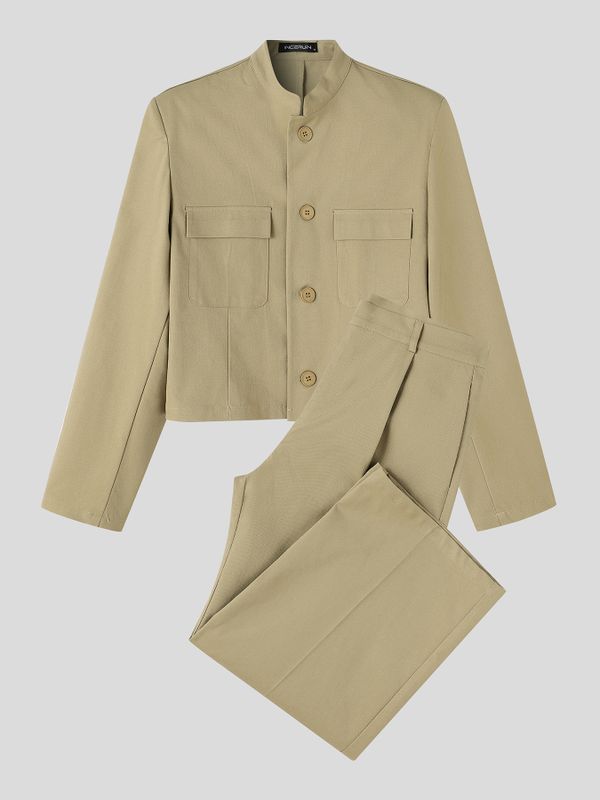 Men's Zen Minimalist Art Exhibition Stand Collar Flap Pocket Cropped Two Pieces Outfit SKUL84620