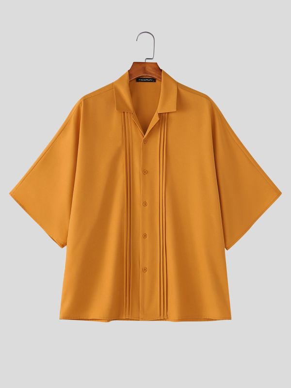 Men's Vintage Cuban Collar Pleated Front Short Sleeve Shirt SKUL71300