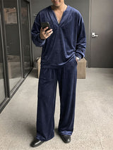 Men's Casual Oversized Velour Deep-V Two Pieces Outfit SKUL79072