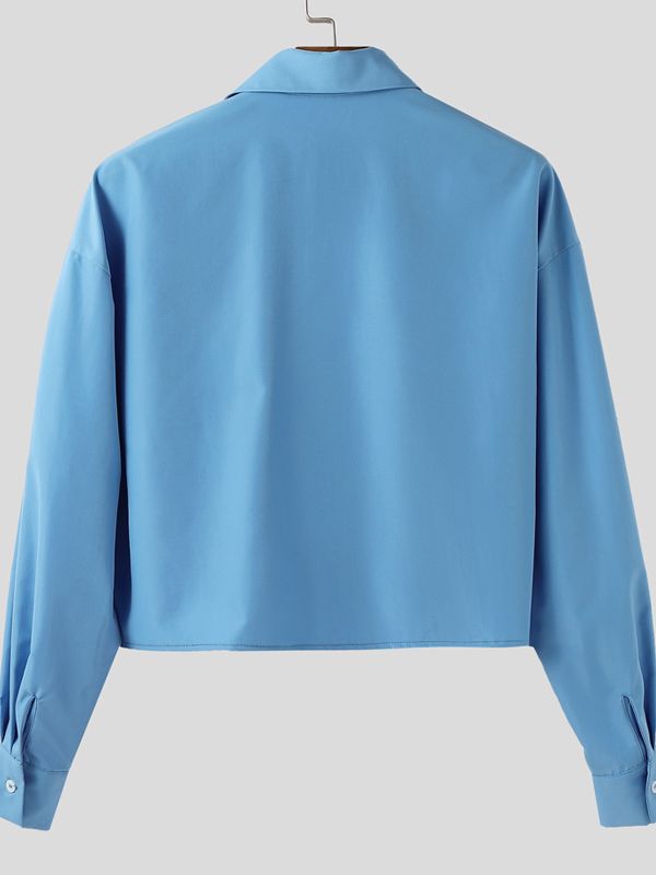 Men's Solid Color Cropped Long Sleeve Shirt SKUL43966