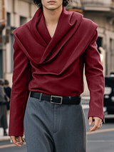 Men's Solid Color Draped Collar Long Sleeve Shirt SKUL36353