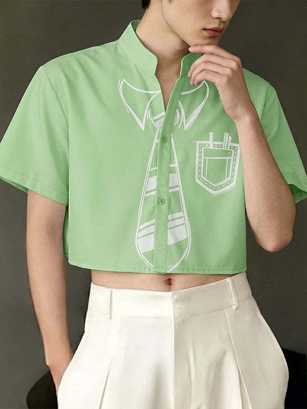 Men's Avant-Garde Trompe L'oeil Tie Print Deconstructed Mandarin Collar Cropped Short Sleeve Shirt SKUL65900