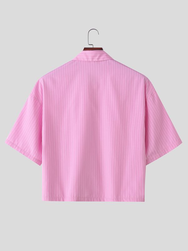 Men's Trendy Casual Lightweight Vertical Striped Boxy Cropped Short Sleeve Shirt SKUL68346