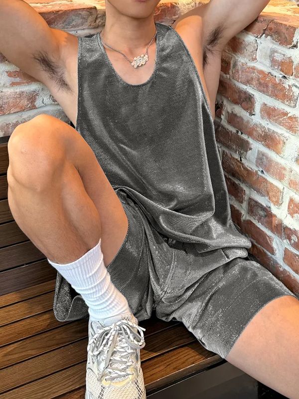 Men's Y2K Retro Metallic Shimmer Crushed Two Pieces Outfit SKUL56610