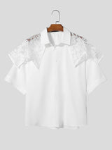 Men's Avant-Garde Floral Lace Overlay Cape-Collar Short Sleeve Button-Down Shirt SKUL61666