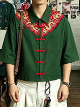 Men's Modern Chinoiserie Dragon Embroidery Frog Button Cuban Collar Short Sleeve Shirt SKUL56078