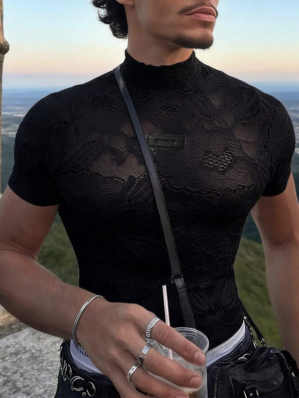Men's Avant-Garde Semi-Sheer Floral Lace Mock Neck T-shirt SKUL58774