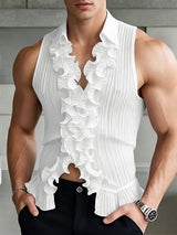 Men's Avant-Garde Pleated Ruffle Trim Deep V-Neck Lapel Tank SKUL60600