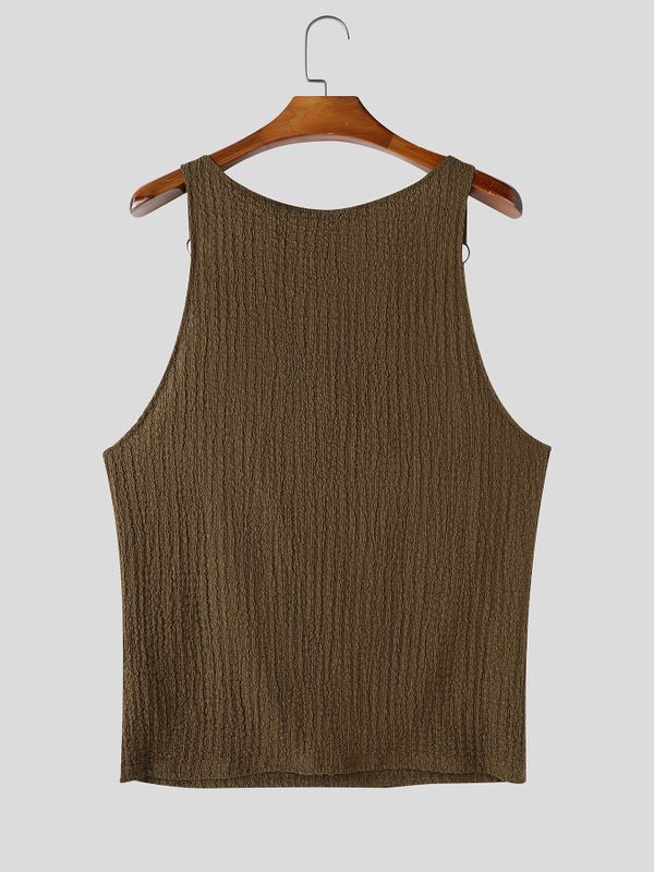 Men's Avant-Garde Double Metal Rings Cowl Neck Textured Crinkled Tank SKUL72415