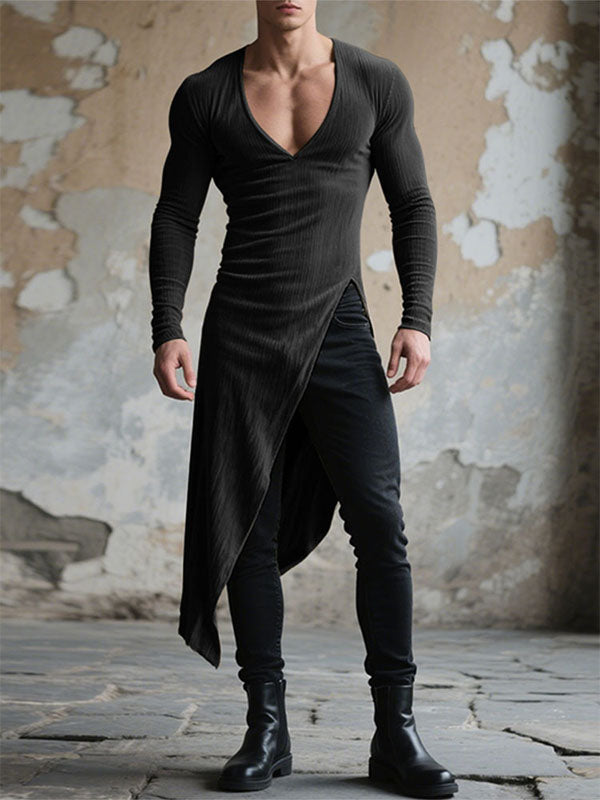 Mens Textured Deep V-Neck Long Sleeve T-Shirt SKUL24719