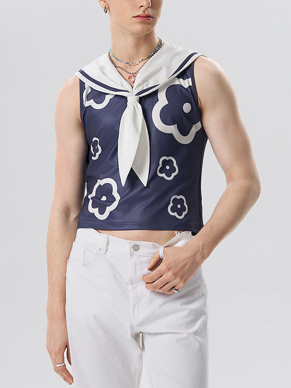 Mens Floral Print Knotted Sailor Collar Vest SKUK00304