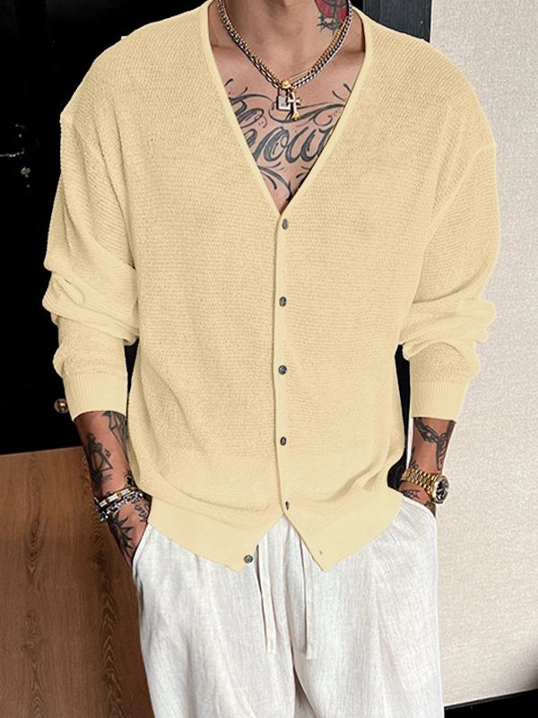 Men's Textured Knit V Neck Long Sleeve Cardigan SKUL33862