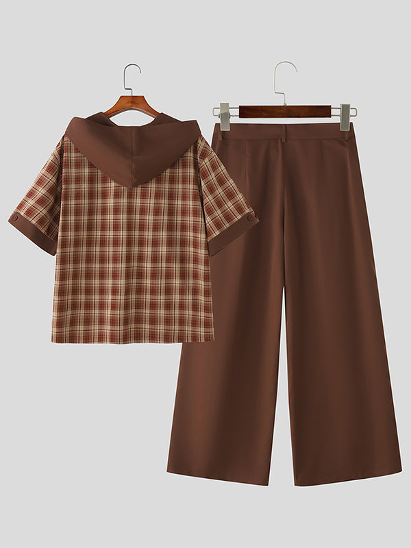 Men's Plaid Hooded Casual Two Pieces Outfit SKUL26989