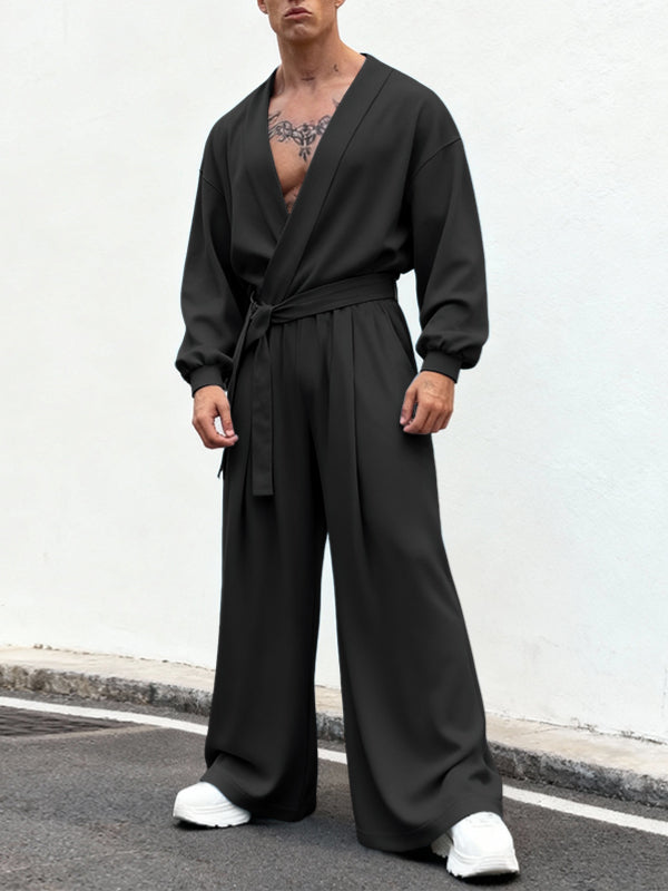 Men's Solid Color Cowl Neck Long Sleeve Jumpsuit SKUL45217