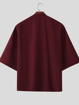 Men's Solid Color Asymmetric Placket 3/4 Length Sleeve Cardigan SKUL50533