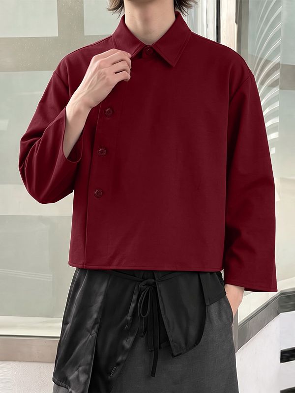 Men's Zen Minimalist Art Exhibition Asymmetric Side Button Lapel Cropped Shirt SKUL85533