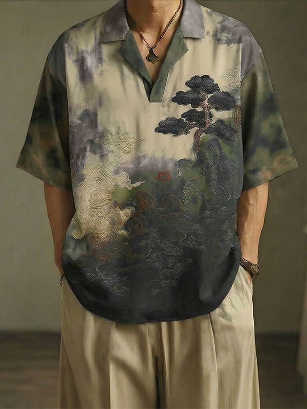 Men's Ink Style Landscape Print Gradient Short Sleeve T-shirt SKUL47727