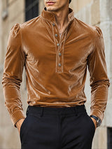 [Pre-order] Men's Victorian Vintage Evening Gala Velvet Puff Shoulder Metal Button Shirt SKUL88522