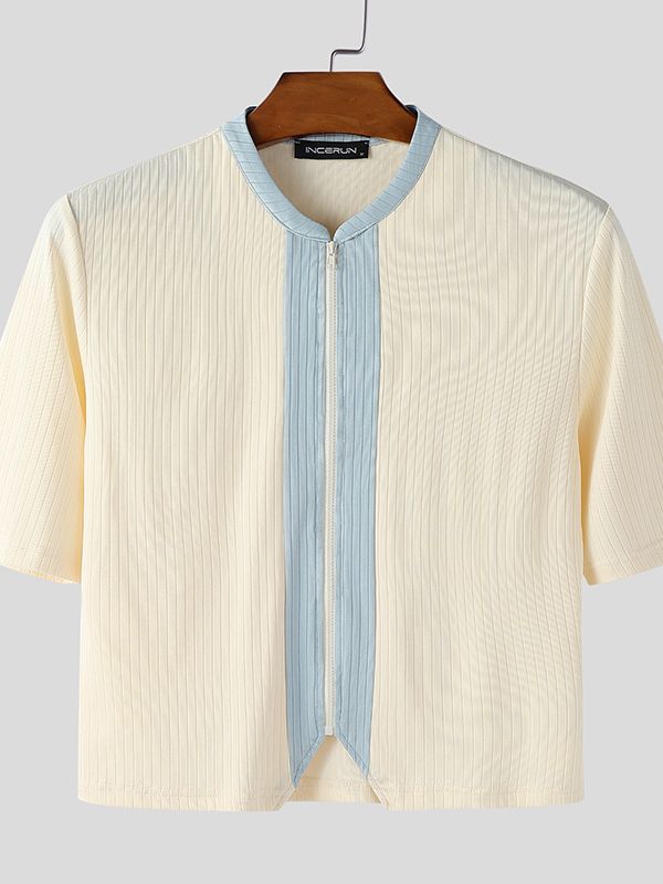 Men's Textured Contrast Color Cropped Short Sleeve T-shirt SKUL47901