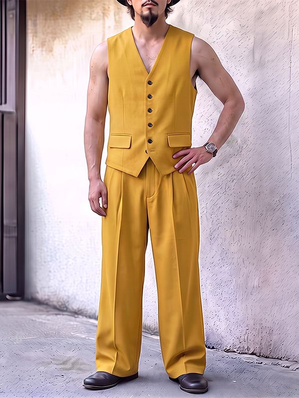 Men's Yuppie Gentleman Tailored V-Neck Two Pieces Outfit SKUL79526