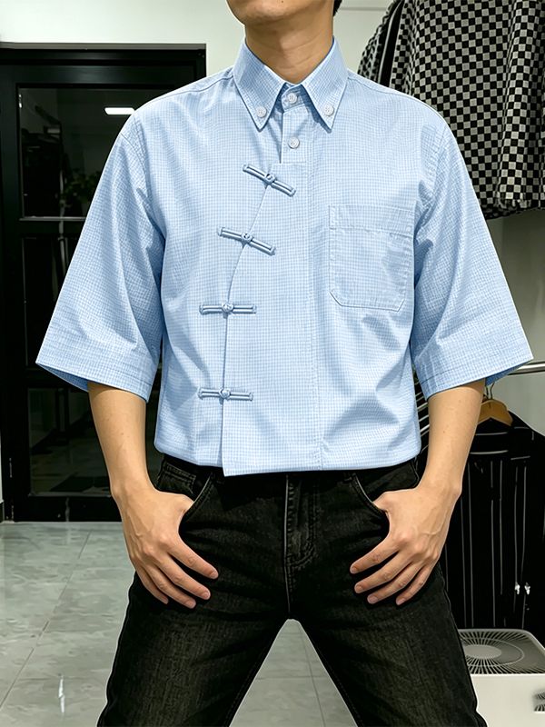 Men's New Chinese Style Gingham Frog Button Short Sleeve Shirt SKUL58785