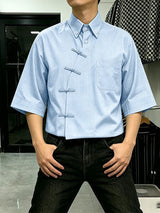 Men's New Chinese Style Gingham Frog Button Short Sleeve Shirt SKUL58785