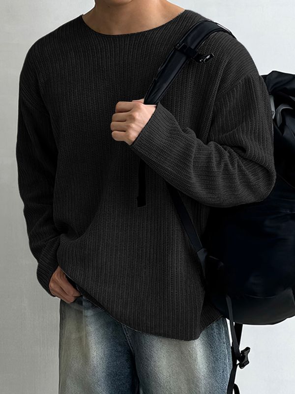 Men's Solid Color Textured Casual Long Sleeve T-Shirt SKUL38540