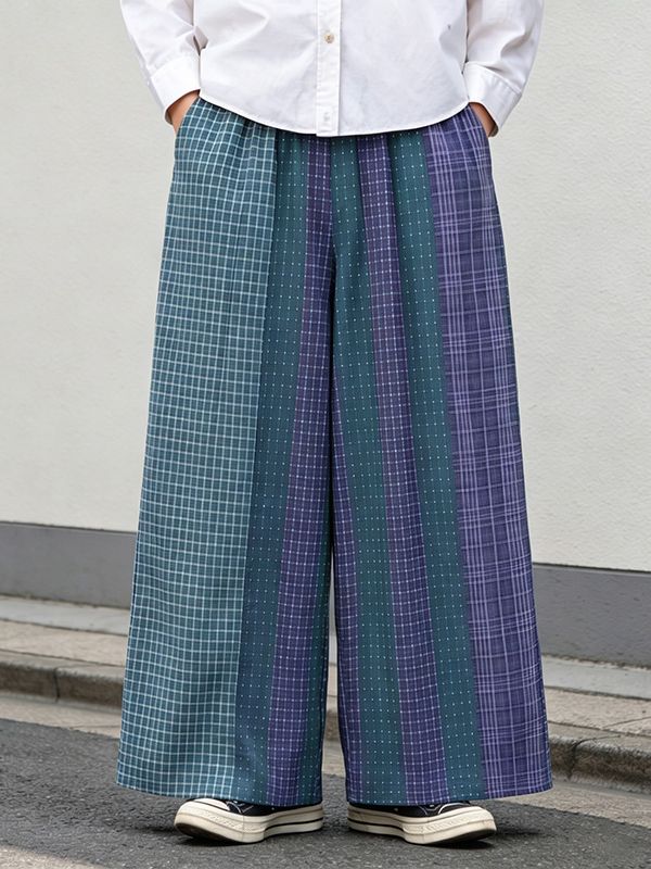 Men's Vintage Japanese Harajuku Multi-Pattern Plaid Stripe Wide Leg Pant SKUL62095