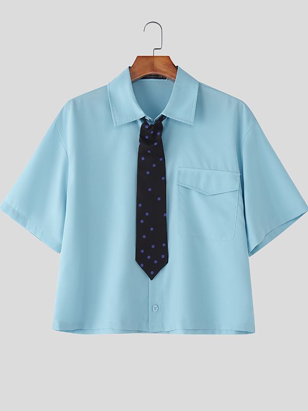 Men's Polka Dot Tie Cropped Short Sleeve Shirt SKUL39891