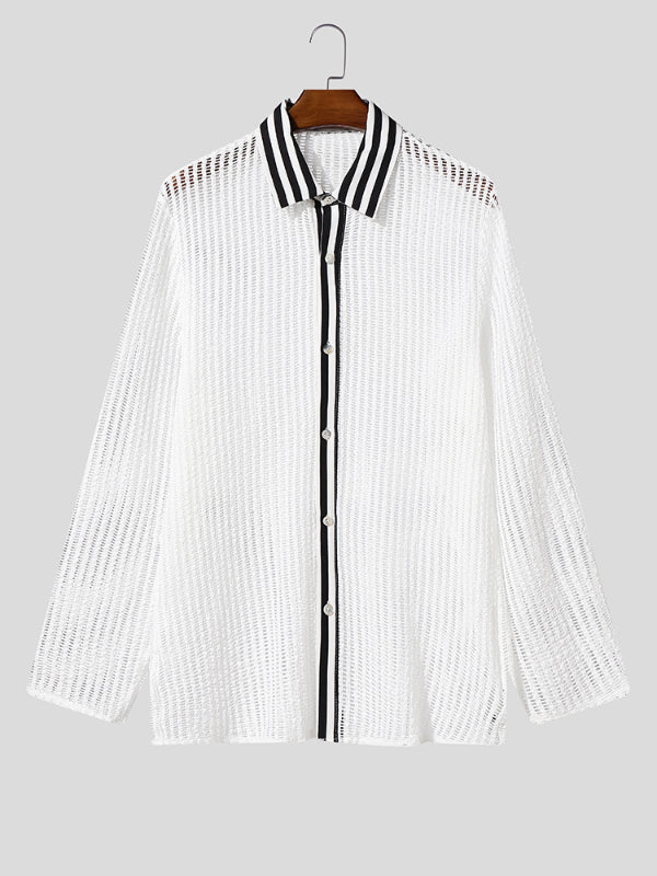 Men's Hollow Mesh Sheer Long Sleeve Shirt SKUL25961