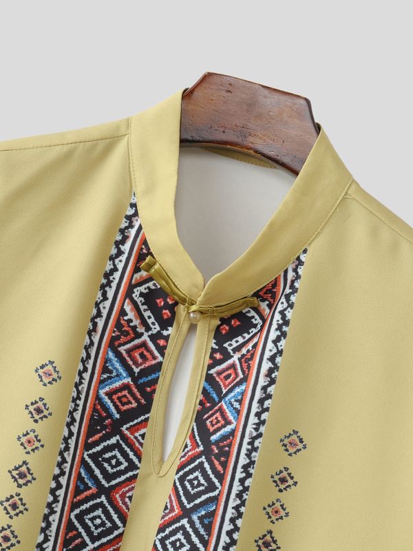Men's Modern Neo-Chinese Ethnic Geometric Print Deconstructed Keyhole Stand Collar Short Sleeve Shirt SKUL60994