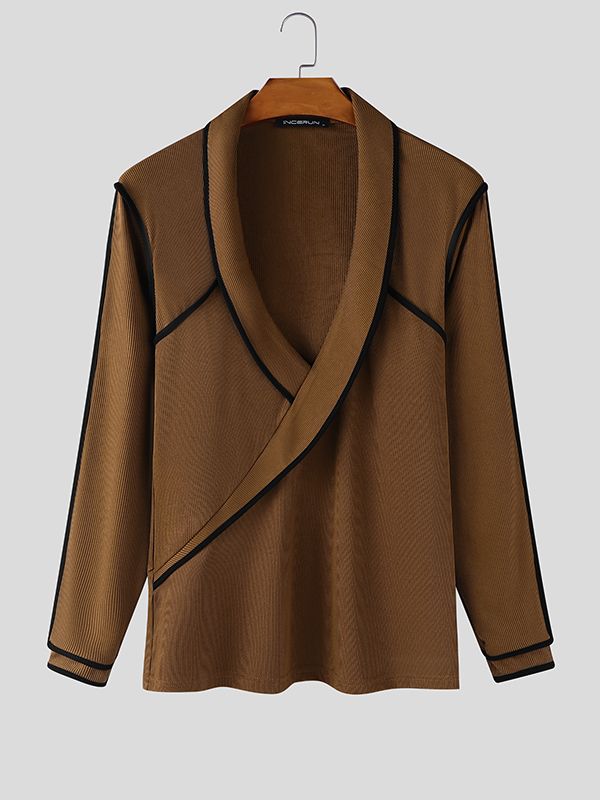 Men's Knit Color Block Trim Lapel Long Sleeve T-Shirt SKUL45325
