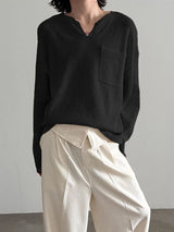 Men's Textured Knit V Neck Long Sleeve T-Shirt SKUL32962