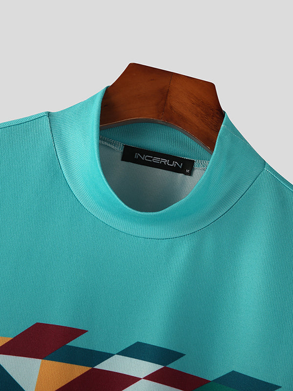 Mens Geometric Print Half-Collar Knit T-Shirt SKUK02898