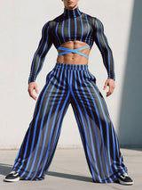 Men's Striped Sheer Mesh Cropped Two Pieces Outfit SKUL23458