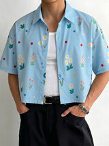 Men's Summer Vacation Floral Print Cropped Short Sleeve Button Up Casual Shirt SKUL69097