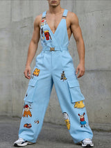 Men's Avant-Garde Cartoon Graphic Print Deep V-Neck Wide-Leg Cargo Jumpsuit SKUL65257