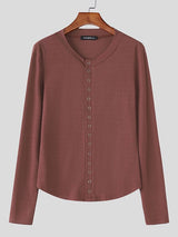 Men's Minimalist Textured Deep V Neck Long Sleeve T-shirt SKUL46565