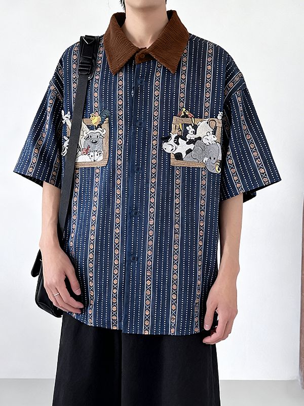 Men's Cartoon Animal Stripe Print Short Sleeve Shirt SKUL50070