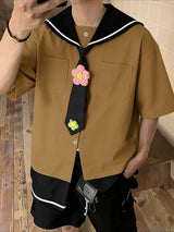Men's Contrast Color Floral Sailor Collar Tie Shirt SKUL41283