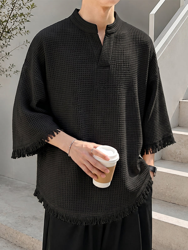 Men's Avant-Garde Modern Neo-Chinese Zen Waffle Knit Drop Shoulder T-shirt SKUL73499