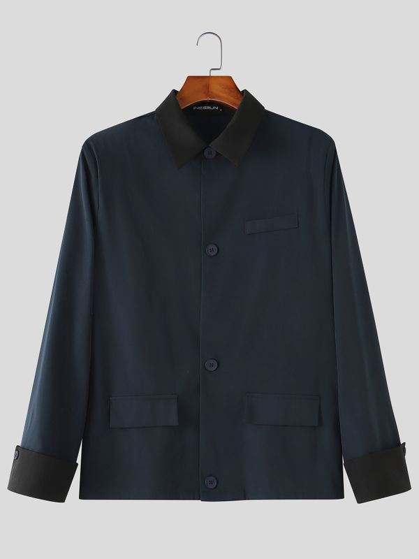Men's Clean Fit Smart Casual Contrast Collar Flap Pocket Turn-Down Collar Work Jacket SKUL76472