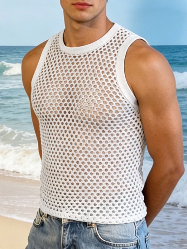 Men's Summer Beach Open Work Crochet Fishnet Knit Muscle Tank SKUL65426