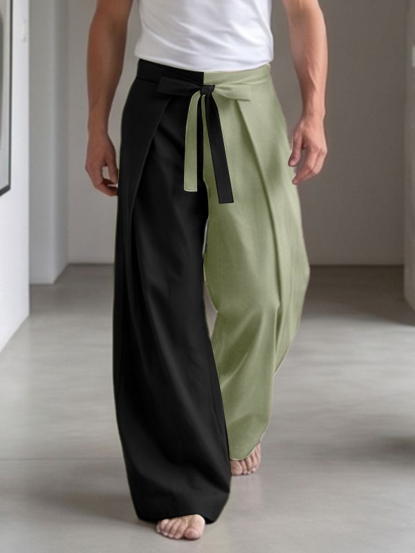 Men's High-Fashion Yin-Yang Color-Block Pleated High-Waisted Wrapped Tie-Belt Pant SKUL73702