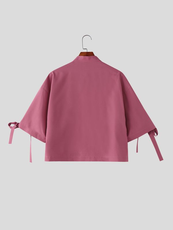 Men's Solid Color Frog Button Stand Collar Half Sleeve Shirt SKUL57725