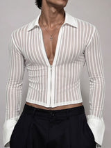 Men's Avant-Garde Sheer Striped Zip-Up Cropped Long Sleeve Shirt SKUL78346