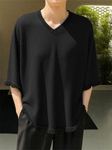 Mens Fringe Patchwork Textured Long Sleeve T-Shirt SKUL18775