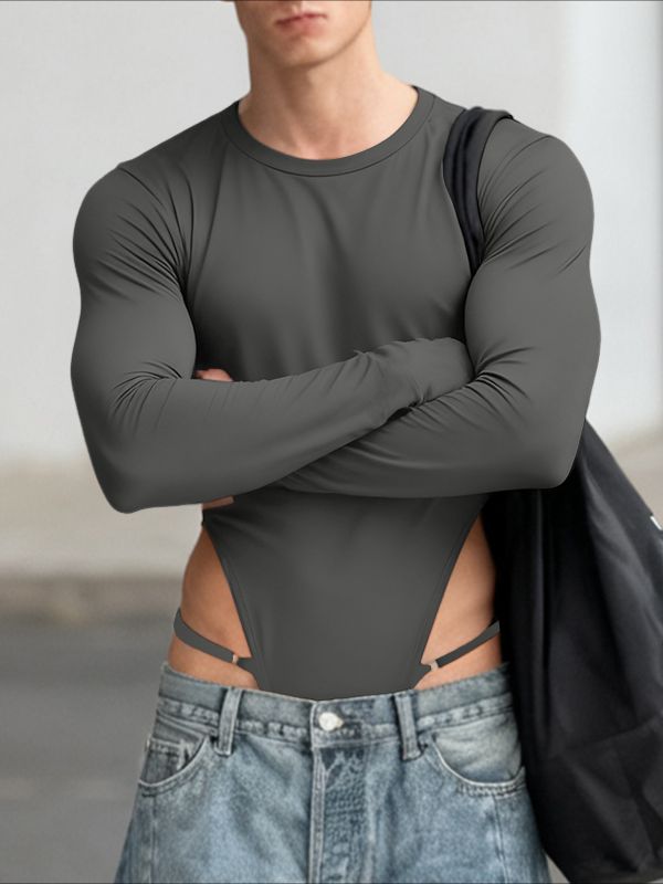 Men's Solid Color Crew Neck Long Sleeve Bodysuit SKUL38912