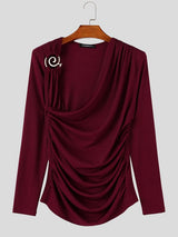 Men's Clean Fit Cocktail Party Metal Ring Accent Draped Ruched Muscle Fit Long Sleeve Asymmetric Neck T-shirt SKUL83113